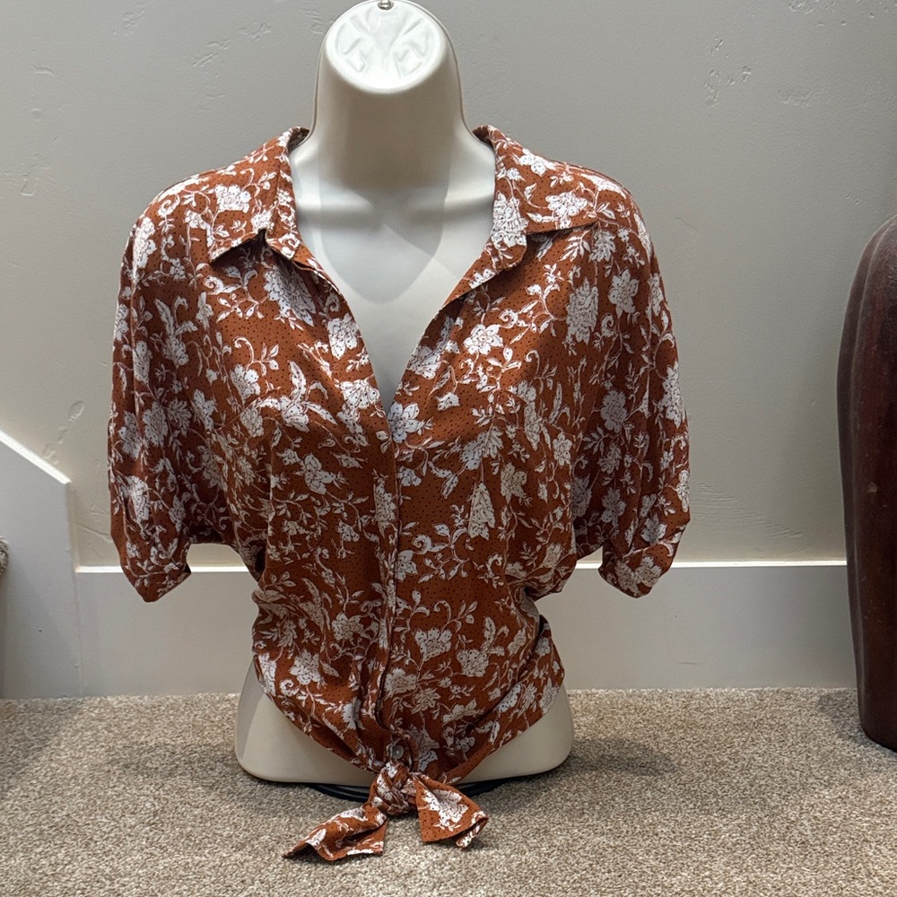 Floral Brown Tie-Front Blouse